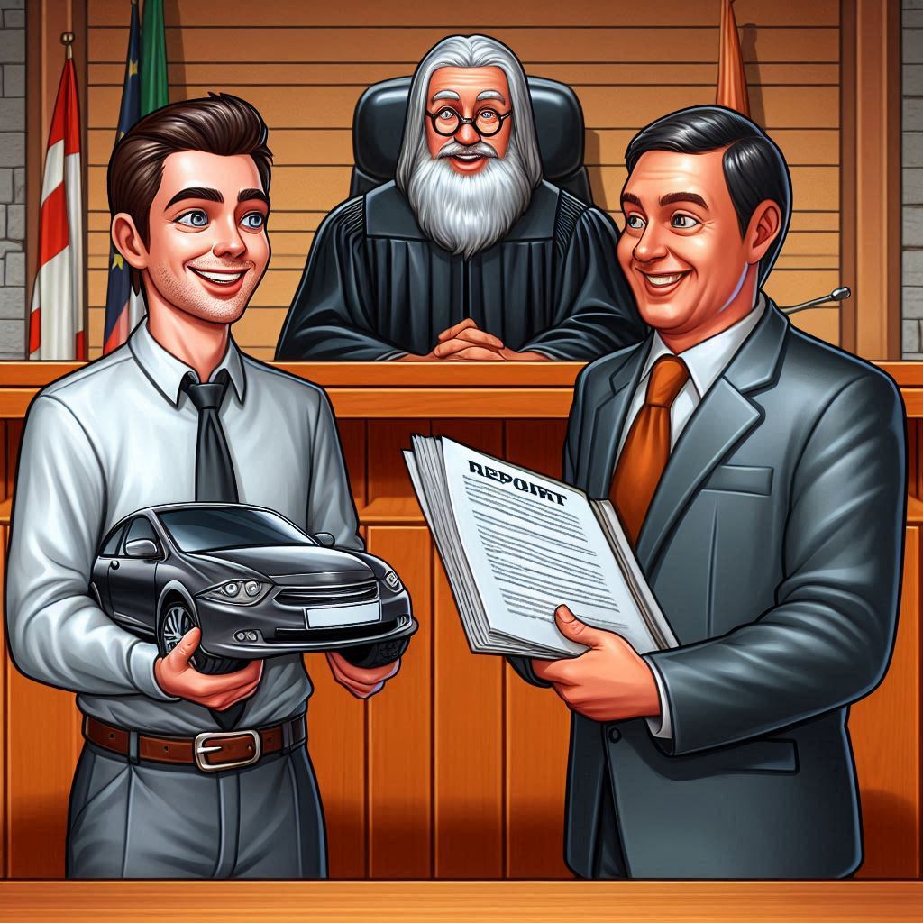 Unfallflucht Ein Angeklagter steht grinsend vor dem Richter und hält ein großes Dokument mit der Aufschrift „Privatgutachten“ hoch. Der Richter wirkt überrascht, während ein misstrauischer Staatsanwalt neugierig über den Richtertisch blickt. Die Szene ist humorvoll und überzeichnet dargestellt.