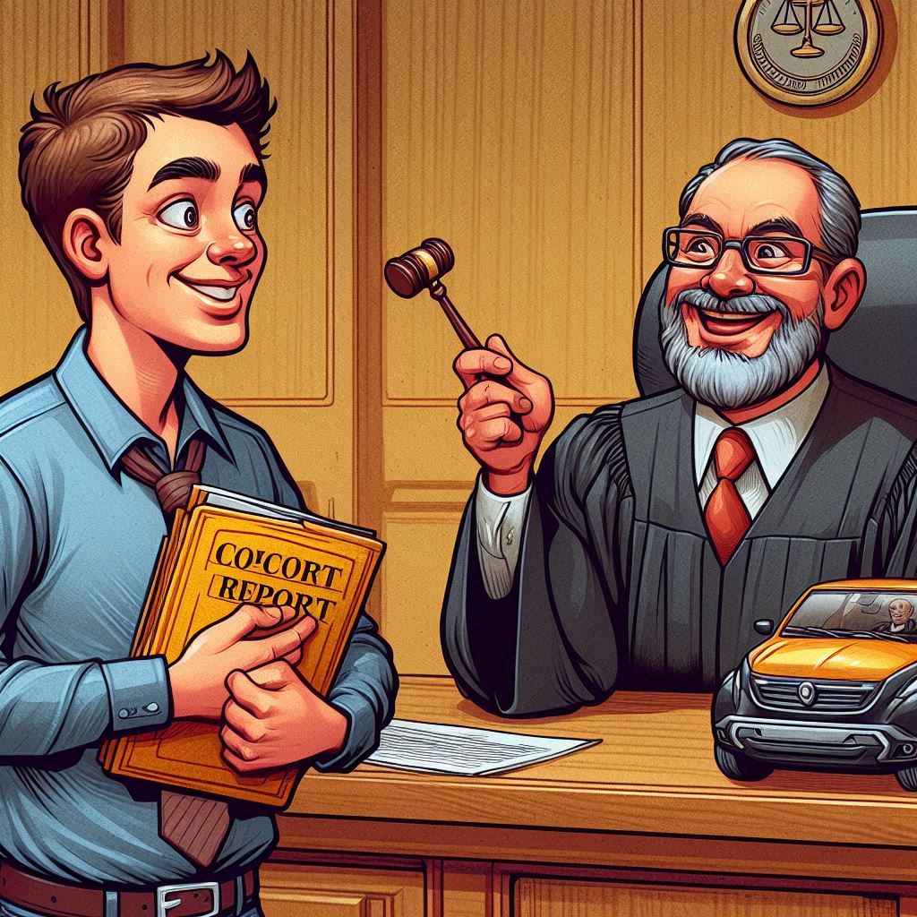 Ein Angeklagter steht grinsend vor dem Richter und hält ein großes Dokument mit der Aufschrift „Privatgutachten“ hoch. Der Richter wirkt überrascht, während ein misstrauischer Staatsanwalt neugierig über den Richtertisch blickt. Die Szene ist humorvoll und überzeichnet dargestellt.